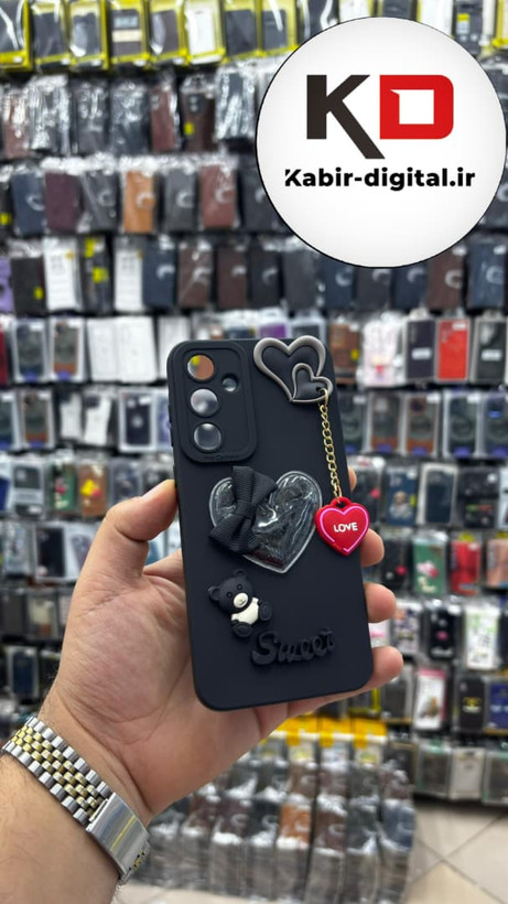 قاب گوشی Galaxy A55 سامسونگ طرح سیلیکونی ژله ای سه بعدی برجسته عروسکی محافظ لنز دار آویزدار مشکی