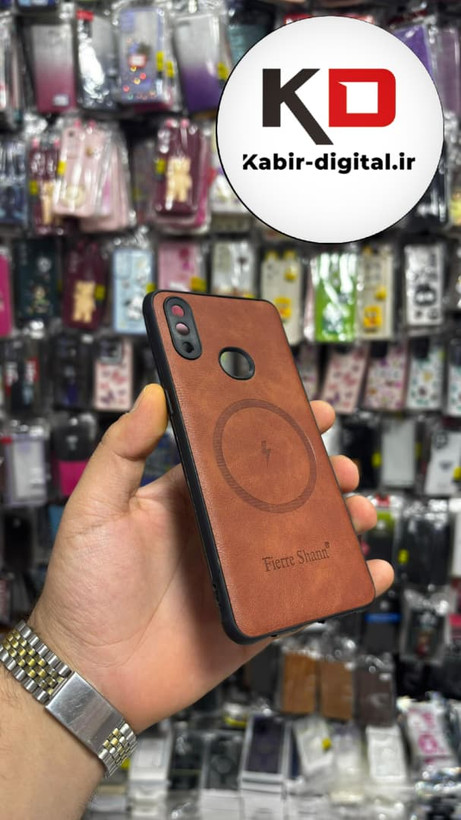 قاب گوشی Galaxy A10s سامسونگ چرمی ژله ای طرح مگ سیف Fierre Shann محافظ لنز دار قهوه ایی