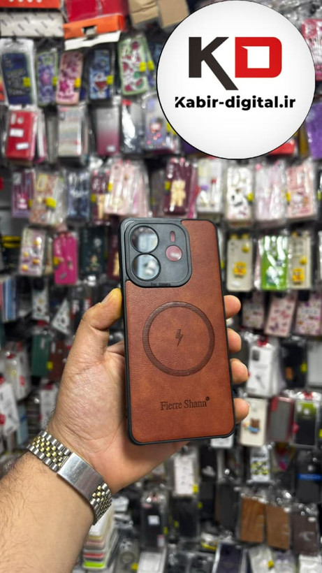 قاب گوشی Redmi Note 14 4G شیائومی چرمی ژله ای طرح مگ سیف Fierre Shann محافظ لنز دار قهوه ایی