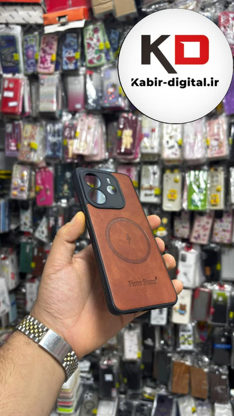 قاب گوشی Redmi Note 14 4G شیائومی چرمی ژله ای طرح مگ سیف Fierre Shann محافظ لنز دار قهوه ایی