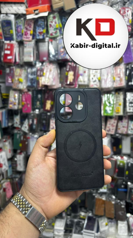 قاب گوشی Redmi Note 14 4G شیائومی چرمی ژله ای طرح مگ سیف Fierre Shann محافظ لنز دار مشکی