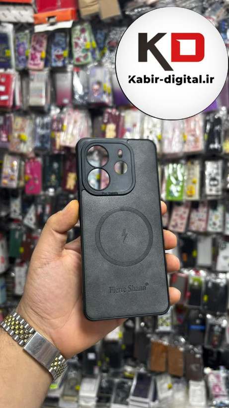 قاب گوشی Redmi Note 14 4G شیائومی چرمی ژله ای طرح مگ سیف Fierre Shann محافظ لنز دار طوسی