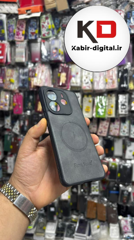 قاب گوشی Redmi Note 14 4G شیائومی چرمی ژله ای طرح مگ سیف Fierre Shann محافظ لنز دار طوسی