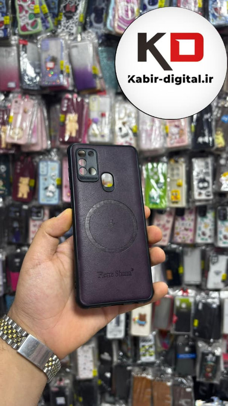قاب گوشی Galaxy A21s سامسونگ چرمی ژله ای طرح مگ سیف Fierre Shann محافظ لنز دار بنفش