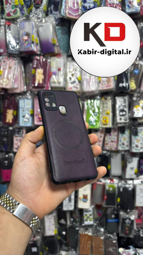 قاب گوشی Galaxy A21s سامسونگ چرمی ژله ای طرح مگ سیف Fierre Shann محافظ لنز دار بنفش