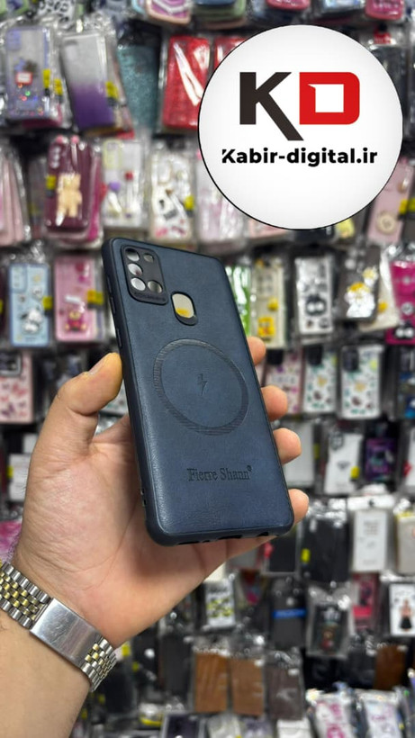 قاب گوشی Galaxy A21s سامسونگ چرمی ژله ای طرح مگ سیف Fierre Shann محافظ لنز دار سرمه ای