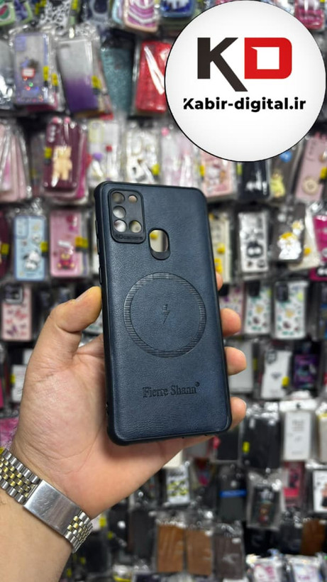 قاب گوشی Galaxy A21s سامسونگ چرمی ژله ای طرح مگ سیف Fierre Shann محافظ لنز دار سرمه ای