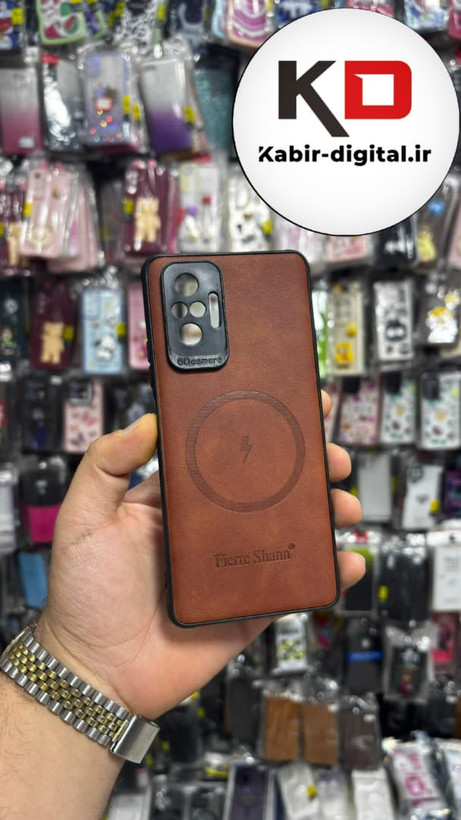 قاب گوشی Redmi Note 10 Pro شیائومی چرمی ژله ای طرح مگ سیف Fierre Shann محافظ لنز دار قهوه ایی