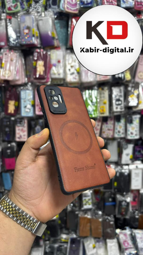 قاب گوشی Redmi Note 10 Pro شیائومی چرمی ژله ای طرح مگ سیف Fierre Shann محافظ لنز دار قهوه ایی