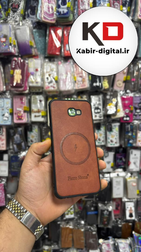 قاب گوشی Galaxy J4 Plus سامسونگ چرمی ژله ای طرح مگ سیف Fierre Shann محافظ لنز دار قهوه ایی