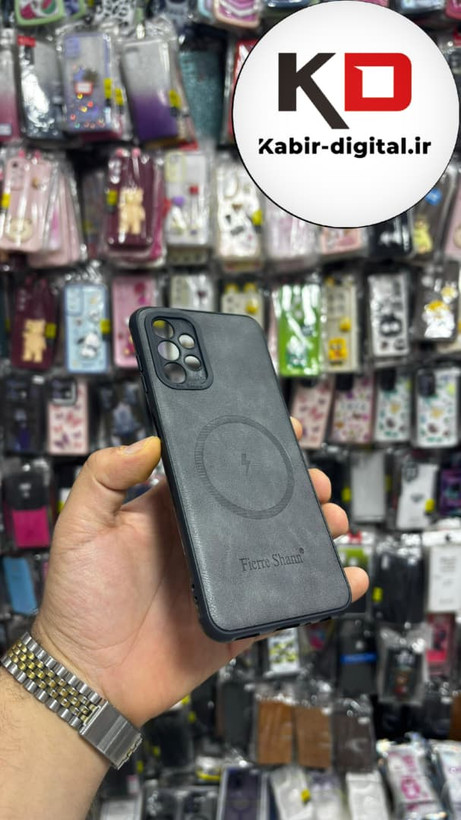 قاب گوشی Galaxy A13/A23 سامسونگ چرمی ژله ای طرح مگ سیف Fierre Shann محافظ لنز دار طوسی