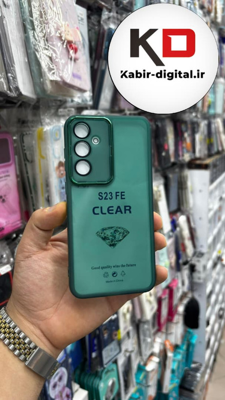 قاب گوشی Galaxy S23 FEسامسونگ اورجینال متال کیس Metal طرح پشت طلق شفاف دور سیلیکونی سبز تیره