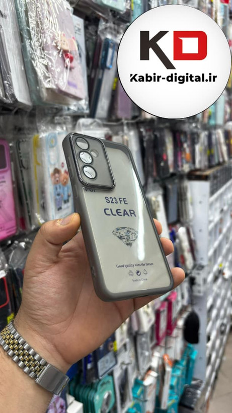 قاب گوشی Galaxy S23 FEسامسونگ اورجینال متال کیس Metal طرح پشت طلق شفاف دور سیلیکونی خاکی