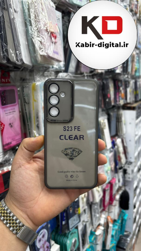 قاب گوشی Galaxy S23 FEسامسونگ اورجینال متال کیس Metal طرح پشت طلق شفاف دور سیلیکونی خاکی
