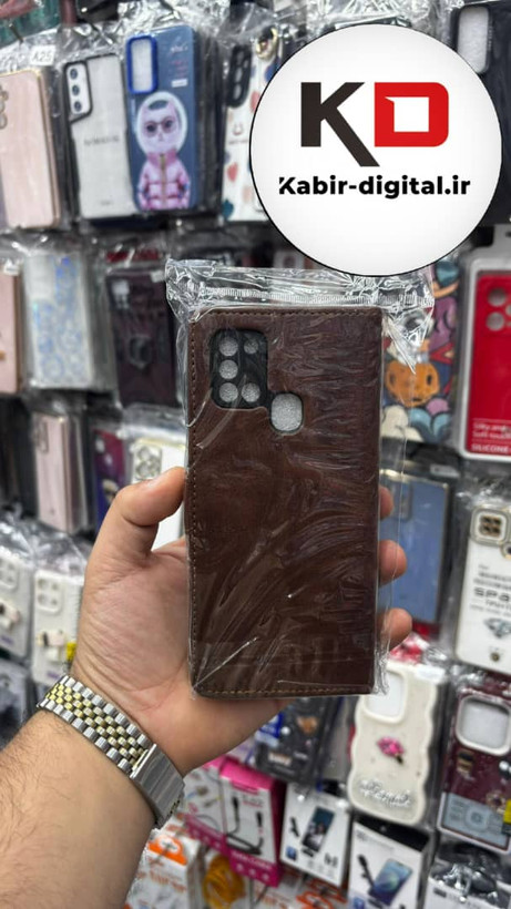 کیف گوشی Galaxy A21sسامسونگ چرم مگنتی جاکارتی بند آویز دار قهوه ایی تیره