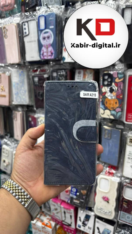 کیف گوشی Galaxy A21sسامسونگ چرم مگنتی جاکارتی بند آویز دار سرمه ایی