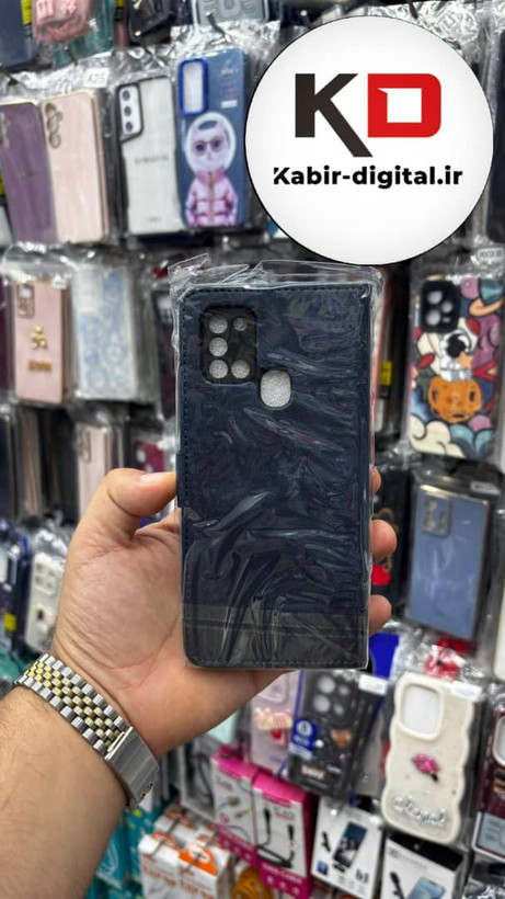 کیف گوشی Galaxy A21sسامسونگ چرم مگنتی جاکارتی بند آویز دار سرمه ایی