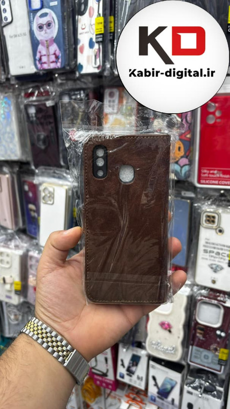 کیف گوشی Galaxy A20/A30سامسونگ چرم مگنتی جاکارتی بند آویز دار قهوه ایی تیره