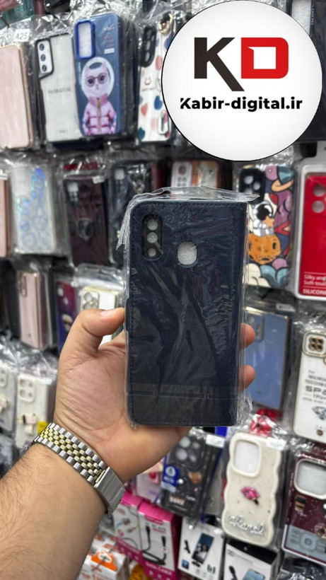 کیف گوشی Galaxy A20/A30سامسونگ چرم مگنتی جاکارتی بند آویز دار سرمه ایی