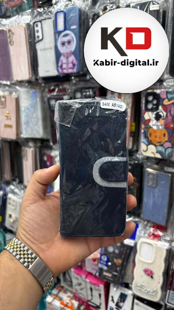 کیف گوشی Galaxy A51سامسونگ چرم مگنتی جاکارتی بند آویز دار سرمه ایی