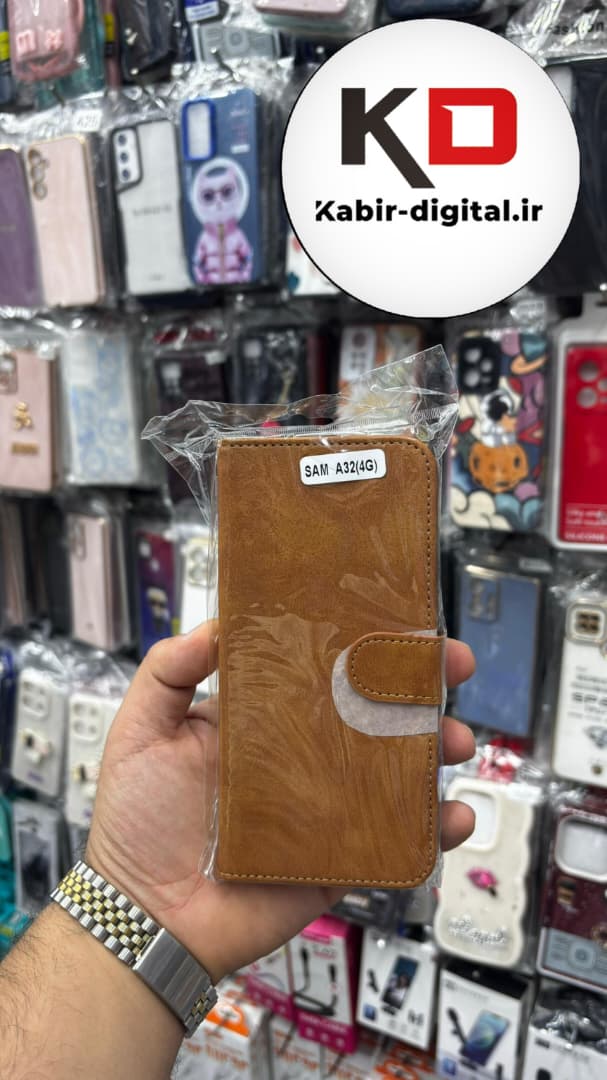 کیف گوشی Galaxy A32 4Gسامسونگ چرم مگنتی جاکارتی بند آویز دار قهوه ایی