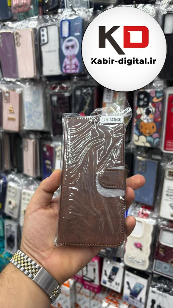 کیف گوشی Galaxy A32 4Gسامسونگ چرم مگنتی جاکارتی بند آویز دار قهوه ایی تیره