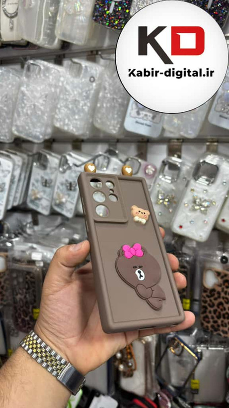 قاب گوشی Galaxy S23 Ultra سامسونگ ژله ای سولید SOLID منحنی سه بعدی برجسته عروسکی خرس قهوه ایی محافظ لنز دار