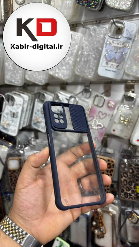قاب گوشی Redmi Note 11 - Redmi Note 11s شیائومی طرح پشت شفاف طلقی دور ژله ای محافظ لنز دار کشویی سرمه ای