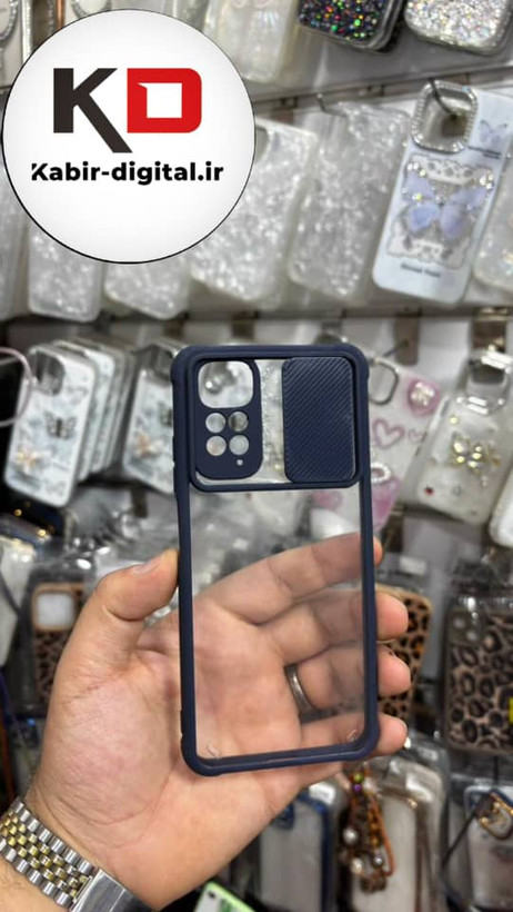 قاب گوشی Redmi Note 11 - Redmi Note 11s شیائومی طرح پشت شفاف طلقی دور ژله ای محافظ لنز دار کشویی سرمه ای
