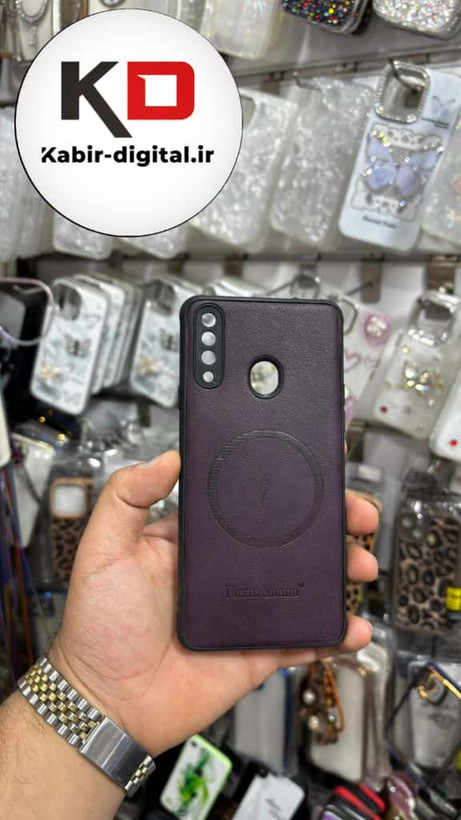 قاب گوشی Galaxy A20s سامسونگ چرمی ژله ای طرح مگ سیف Fierre Shann محافظ لنز دار بنفش تیره