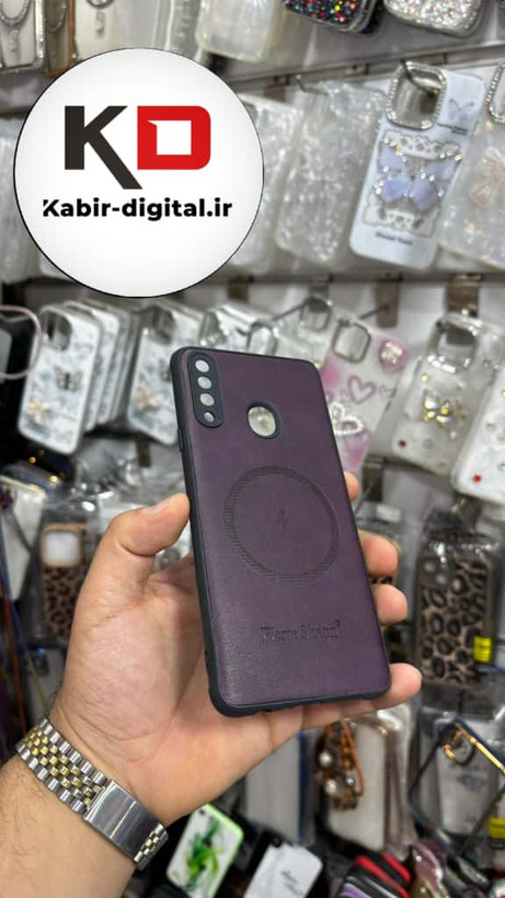 قاب گوشی Galaxy A20s سامسونگ چرمی ژله ای طرح مگ سیف Fierre Shann محافظ لنز دار بنفش تیره