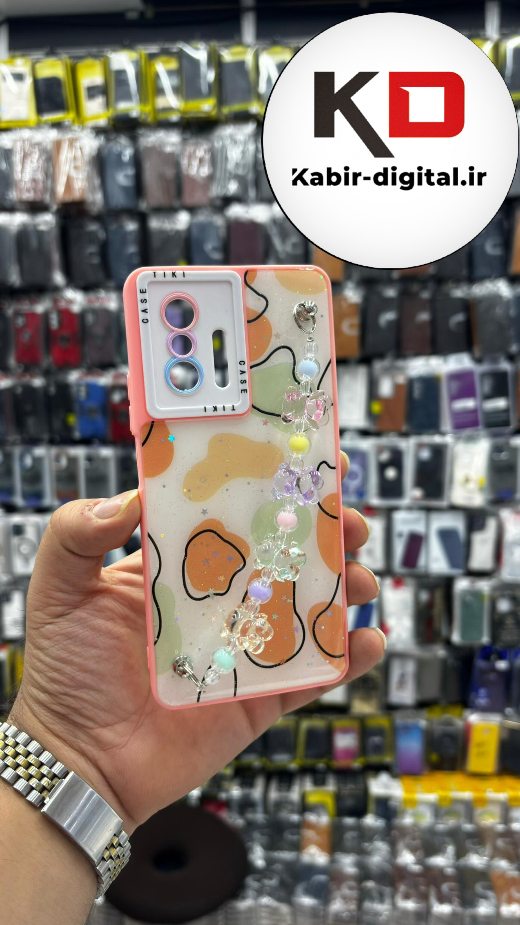 قاب گوشی Xiaomi Mi 11T - Mi 11T Pro شیائومی طرح گربه شکمو دستبندی آویزدار زنجیری خرسی برنزی گلبهی
