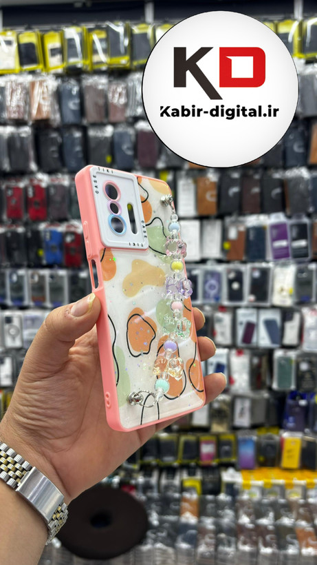 قاب گوشی Xiaomi Mi 11T - Mi 11T Pro شیائومی طرح گربه شکمو دستبندی آویزدار زنجیری خرسی برنزی گلبهی