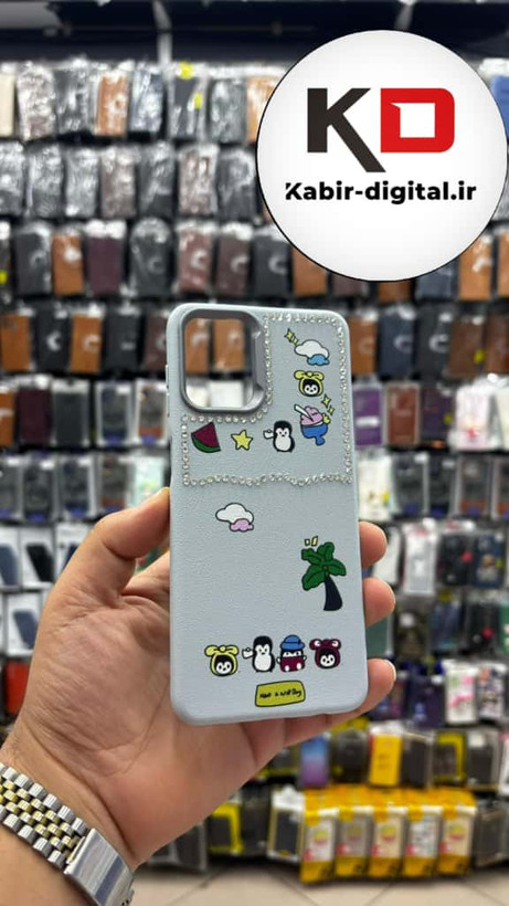 قاب گوشی Galaxy A12/M12 سامسونگ لدر دیزاین SOFT Lether Design فانتزی سیلیکونی طرح چرمی نگین دار کیوت آبی کدر