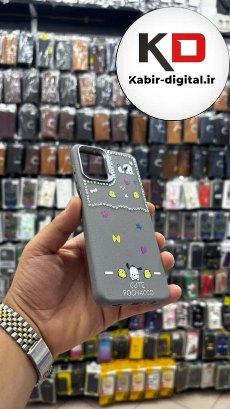 قاب گوشی Galaxy A12/M12 سامسونگ لدر دیزاین SOFT Lether Design فانتزی سیلیکونی طرح چرمی نگین دار کیوت خاکستری