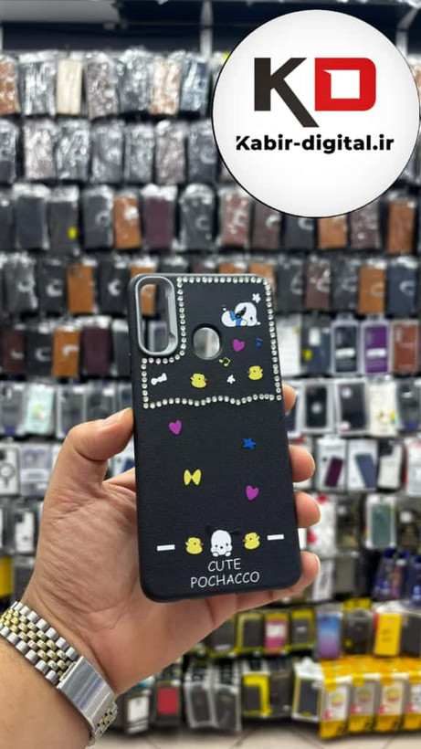 قاب گوشی Galaxy A20s سامسونگ لدر دیزاین SOFT Lether Design فانتزی سیلیکونی طرح چرمی نگین دار کیوت مشکی