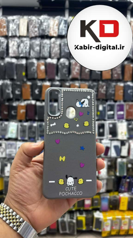 قاب گوشی Galaxy A20s سامسونگ لدر دیزاین SOFT Lether Design فانتزی سیلیکونی طرح چرمی نگین دار کیوت خاکستری