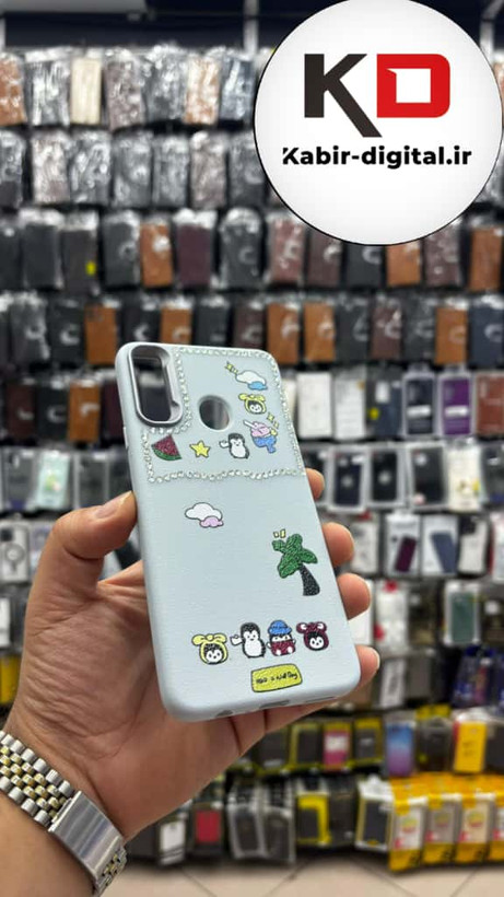 قاب گوشی Galaxy A20s سامسونگ لدر دیزاین SOFT Lether Design فانتزی سیلیکونی طرح چرمی نگین دار کیوت آبی کدر