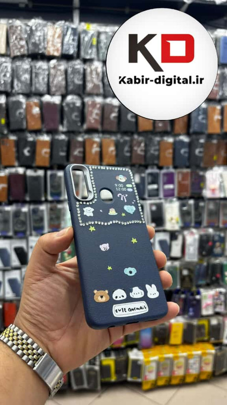 قاب گوشی Galaxy A20s سامسونگ لدر دیزاین SOFT Lether Design فانتزی سیلیکونی طرح چرمی نگین دار کیوت سرمه ایی