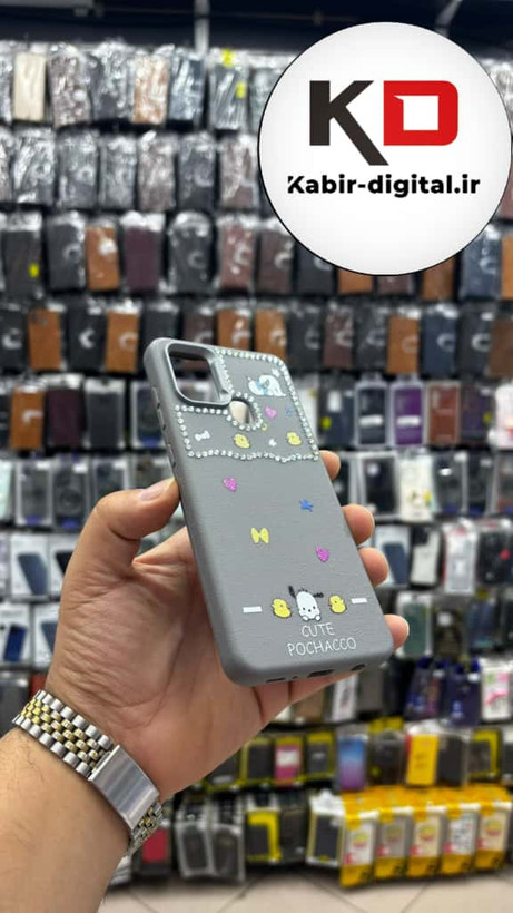قاب گوشی Galaxy A21s سامسونگ لدر دیزاین SOFT Lether Design فانتزی سیلیکونی طرح چرمی نگین دار کیوت خاکستری