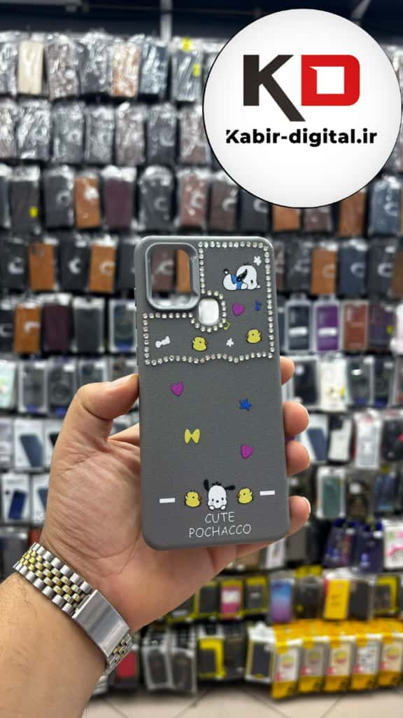 قاب گوشی Galaxy A21s سامسونگ لدر دیزاین SOFT Lether Design فانتزی سیلیکونی طرح چرمی نگین دار کیوت خاکستری