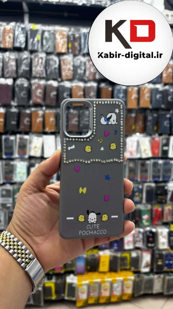 قاب گوشی Galaxy A05 سامسونگ لدر دیزاین SOFT Lether Design فانتزی سیلیکونی طرح چرمی نگین دار کیوت خاکستری