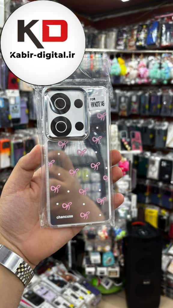 قاب گوشی Redmi Note 13 Pro 4G / Poco M6 Pro 4G / Redmi Note 14S شیائومی اورجینال فانتزی سخت آینه ای لنز کرومی ایربگ دار طرح پاپیون صورتی کیوت