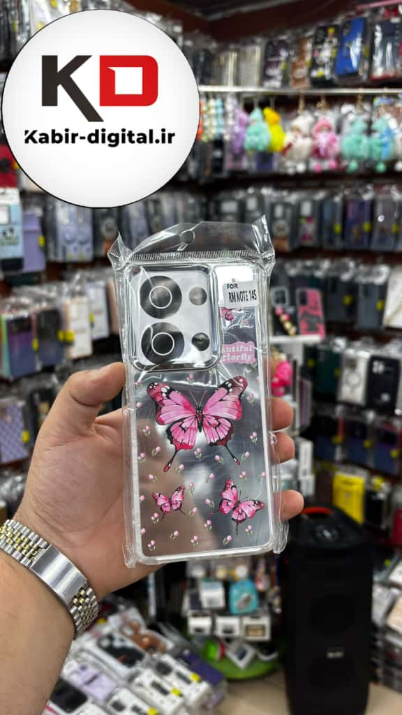 قاب گوشی Redmi Note 13 Pro 4G / Poco M6 Pro 4G / Redmi Note 14S شیائومی اورجینال فانتزی سخت آینه ای لنز کرومی ایربگ دار طرح پروانه صورتی کیوت