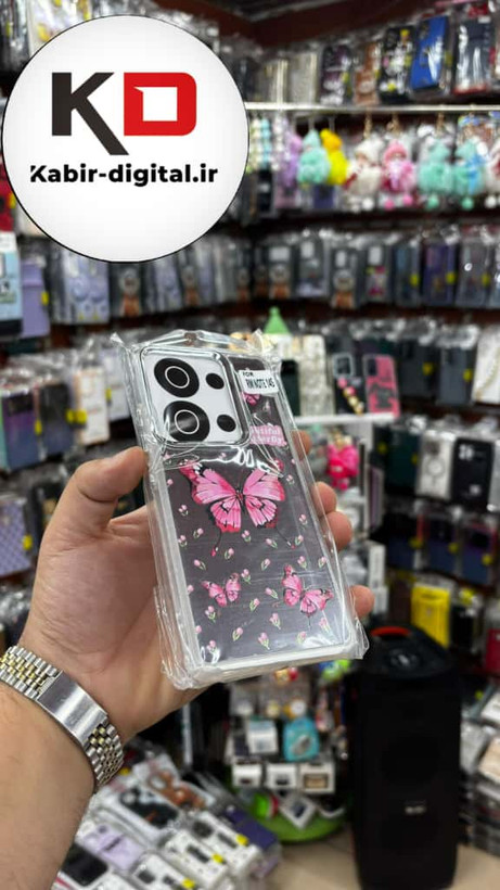 قاب گوشی Redmi Note 13 Pro 4G / Poco M6 Pro 4G / Redmi Note 14S شیائومی اورجینال فانتزی سخت آینه ای لنز کرومی ایربگ دار طرح پروانه صورتی کیوت