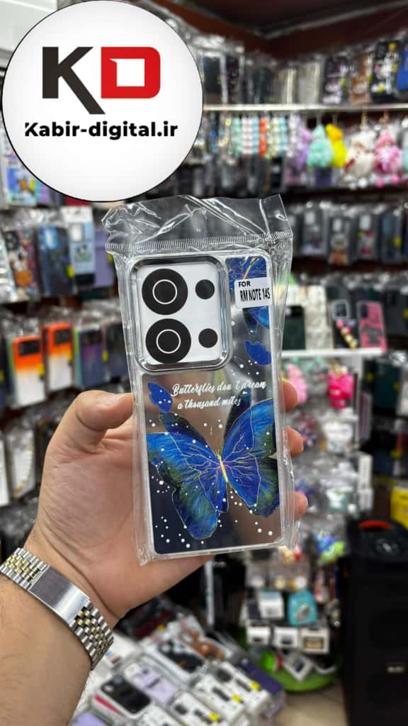 قاب گوشی Redmi Note 13 Pro 4G / Poco M6 Pro 4G / Redmi Note 14S شیائومی اورجینال فانتزی سخت آینه ای لنز کرومی ایربگ دار طرح پروانه آبی کیوت