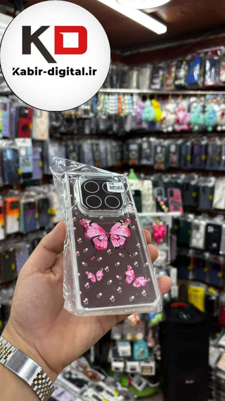 قاب گوشی Redmi Note 14 Pro 4G /Note 14 Pro 5G / Note 14 Pro Plus شیائومی اورجینال فانتزی سخت آینه ای لنز کرومی ایربگ دار طرح پروانه صورتی کیوت