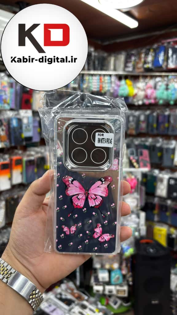 قاب گوشی Redmi Note 14 Pro 4G /Note 14 Pro 5G / Note 14 Pro Plus شیائومی اورجینال فانتزی سخت آینه ای لنز کرومی ایربگ دار طرح پروانه صورتی کیوت