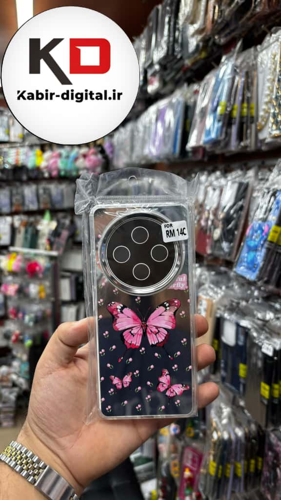 قاب گوشی Redmi 14C /Redmi A4 /POCO C75 شیائومی اورجینال فانتزی سخت آینه ای لنز کرومی ایربگ دار طرح پروانه صورتی کیوت