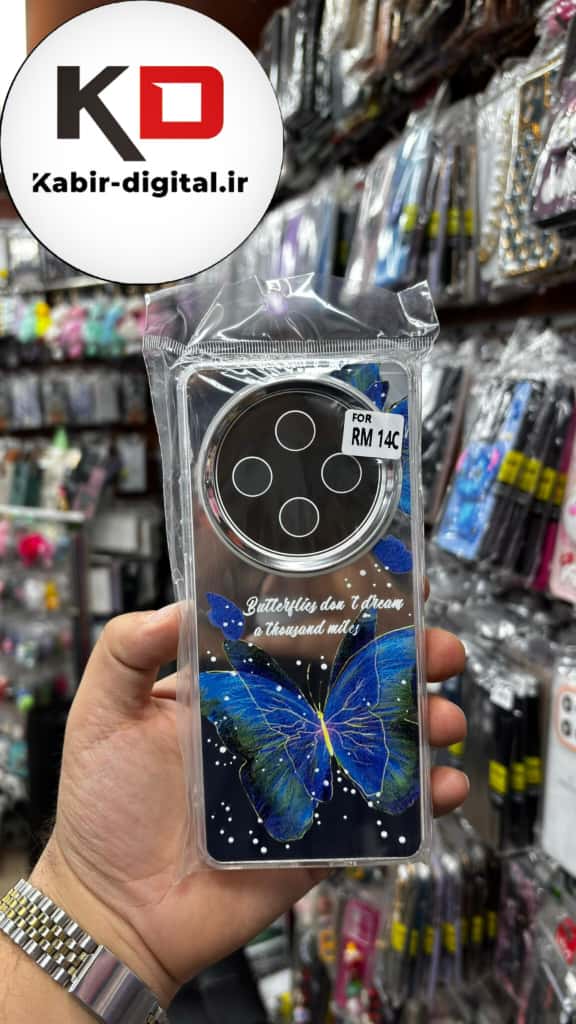 قاب گوشی Redmi 14C /Redmi A4 /POCO C75 شیائومی اورجینال فانتزی سخت آینه ای لنز کرومی ایربگ دار طرح پروانه آبی کیوت